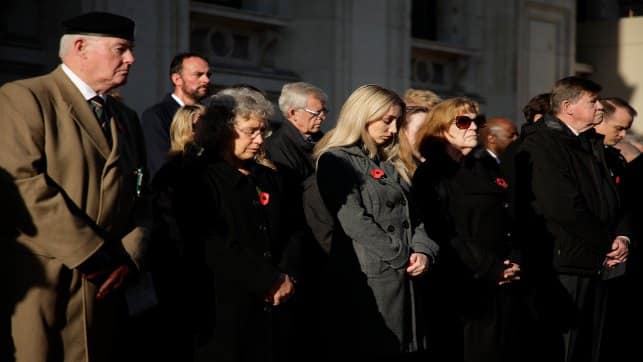 People attend a Service of Remembrance at the Cenotaph on Whitehall in London on Thursday. AP 