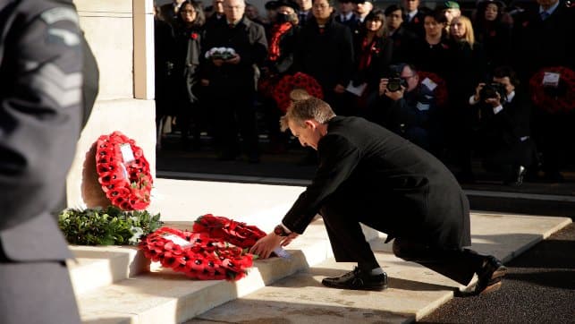 British Labour Party MP and Mayor of South Yorkshire Dan Jarvis lays a poppy wreath during a Service of Remembrance at the Cenotaph on Whitehall in London on Thursday. AP 