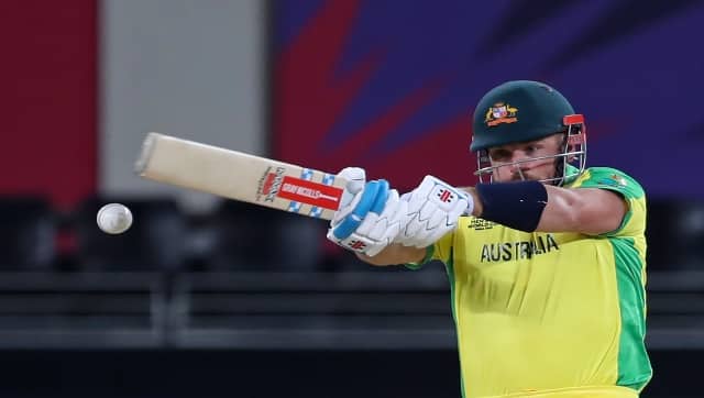 Aaron Finch plays a shot during the T20 World Cup 2021 final against New Zealand. AP