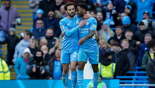 Raheem Sterling netted on his 300th Premier League appearance as he turned home Joao Cancelo’s sensational pass with the outside of his right foot for his 98th goal in the English top flight. AP