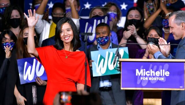 Boston Mayor-elect Michelle Wu greets supporters at her election night party, Tuesday Nov. 2, 2021, in Boston. Wu defeated fellow City Councilor Annissa Essaibi George in the race. AP