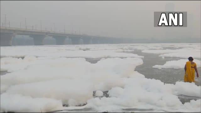 Following traditions of Chhath Puja a woman takes a dip in the holy river of Yamuna amid toxic foam in Delhi. Photo ANI