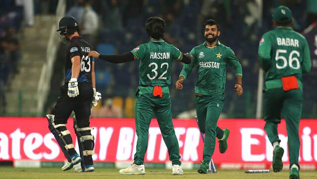 Chasing 190, Namibia lost Michael van Lingen, who was cleaned up by Hasan Ali in the second over. AP 