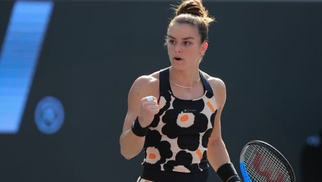 Maria Sakkari of Greece reacts after winning a point against Iga Swiatek, of Poland, during the Mexican Tennis WTA Finals in Guadalajara, Mexico, Thursday, Nov. 11, 2021. (AP Photo/Refugio Ruiz)