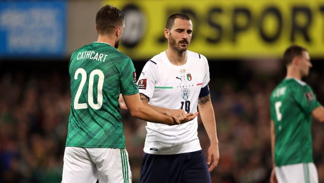 Northern Ireland's Craig Cathcart and Italy's Leonardo Bonucci after the FIFA World Cup Qualifying match at Windsor Park, Belfast. Picture date: Monday November 15, 2021. PA Wire