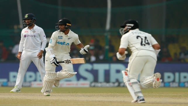 Rachin Ravindra and Ajaz Patel take a single during day five of the first Test match between India and New Zealand held at the Green Park International Stadium in Kanpur on Monday. Sportzpics 