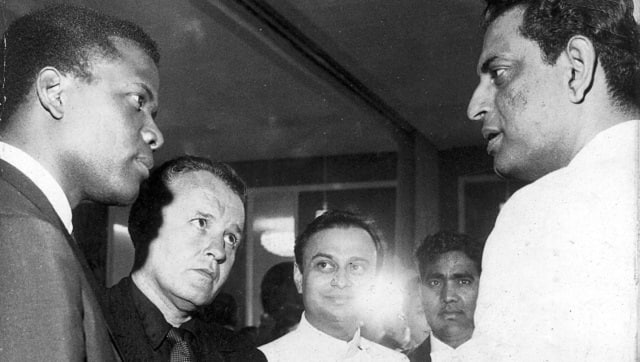 Satyajit Ray (right) with Hollywood actors Sidney Poitier and Rod Steiger (right) at Berlin Film Festival