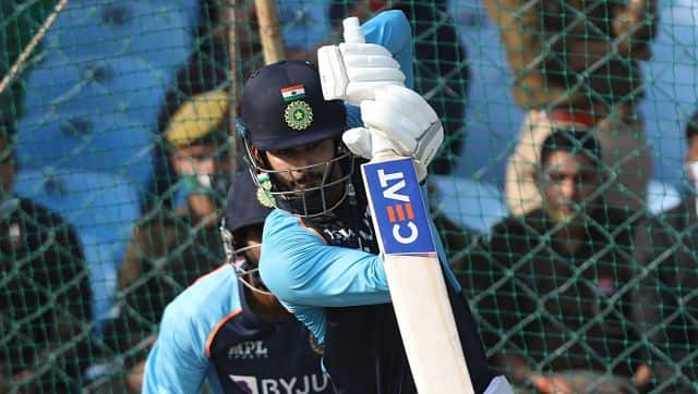 Shreyas Iyer in action during a practice session in Kanpur. Image Courtesy: Twitter @BCCI 