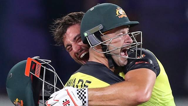 Marcus Stoinis and Matthew Wade celebrate winning the semi-final against Pakistan. AP 