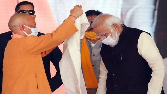 Prime Minister Narendra Modi was felicitated by Uttar Pradesh Chief Minister Yogi Adityanath at the foundation stone laying ceremony of Noida International Airport, in Jewar on Thursday