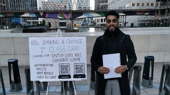 Job seeker in London stands at train station with pitches for interview; gets job offers within three hours