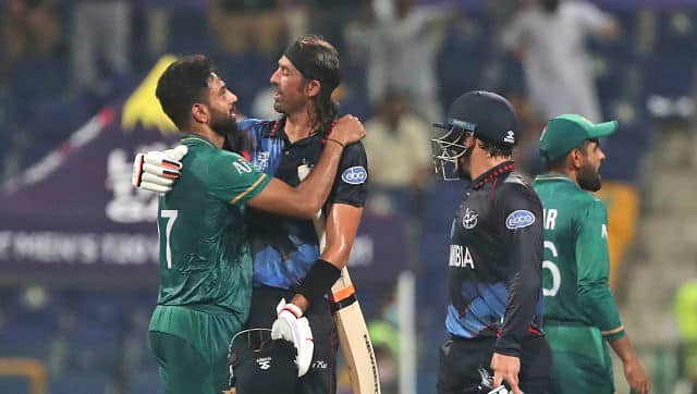 David Wiese and Haris Rauf share a light moment following the match. AP 