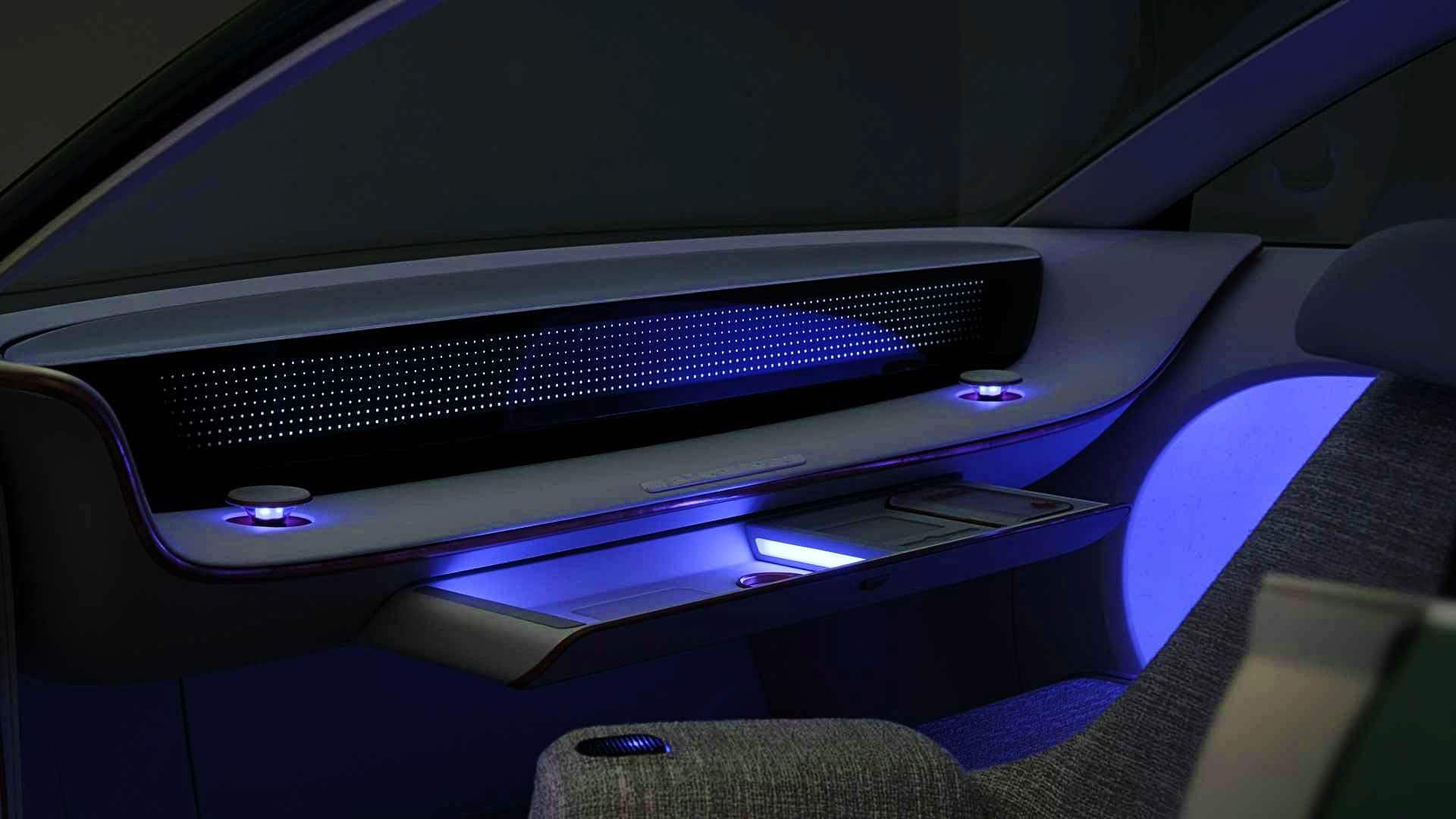 No steering wheel inside the Ioniq Seven - space freed up used for full-width display and storage shelf. Image: Hyundai