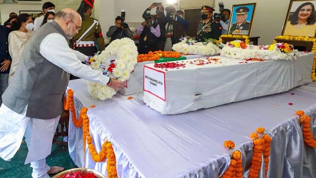 Union Home Minister Amit Shah pays his last respects to late Gen Bipin Rawat and his wife Madhulika Rawat, in New Delhi. PTI