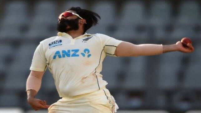 New Zealand’s Ajaz Patel bowls on the second day of the second Test match between India and New Zealand at the Wankhede Stadium in Mumbai on Saturday. AFP