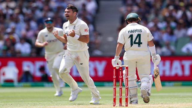 England’s James Anderson, centre, celebrates the wicket of Australia’s Marcus Harris during the second day of their Test match in Melbourne, Australia, on Monday. AP 