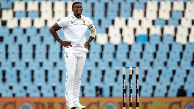 South Africa's Lungi Ngidi reacts after his delivery against India's Mayank Agarwal during the Test Cricket match between South Africa India at Centurion Park in Pretoria, South Africa, Sunday, Dec. 26, 2021. (AP Photo/Themba Hadebe)