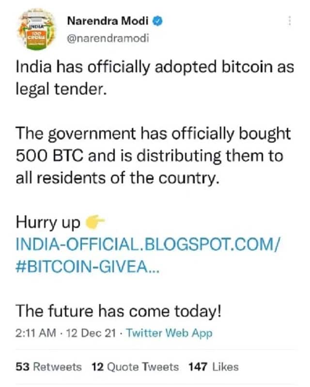 Screen grab from Prime Minister Narendra Modi's Twitter account after it was briefly comprised on Sunday. 