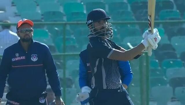 Himachal Pradesh's Prashant Chopra plays a shot during his knock of 99 in the Vijay Hazare Trophy quarter-final against Uttar Pradesh. Image credit: Twitter/@BCCIdomestic