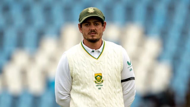 South Africa wicketkeeper-batter Quinton de Kock wears a black armband in memory of the late Desmond Tutu in the first Test against India at Centurion. AP