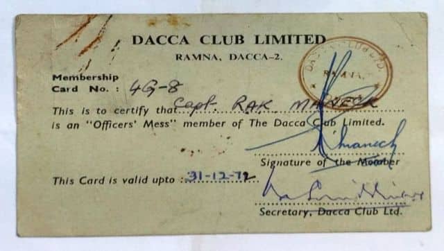 The much cherished membership card to the Dacca Club, which Lt Col R A K'Maneck still holds on to. Image Courtesy: By arrangement