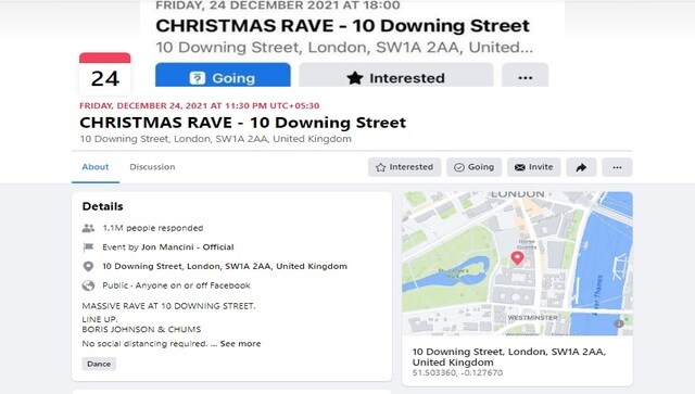 Christmas party scandal: Over a million plan to 'attend' rave outside UK PM Boris Johnson's residence Christmas party scandal: Over a million plan to 'attend' rave outside UK PM Boris Johnson's residence