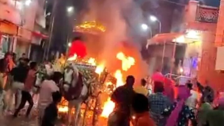 Watch: Horse carriage with groom inside catches fire during wedding procession
