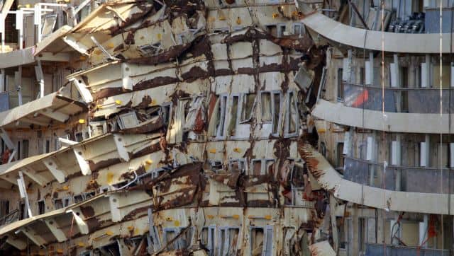 File image of the previously submerged side of the Costa Concordia cruise ship, off the coast of the Tuscan Island of Giglio, Italy. It took another two years before it was hauled away for scrap. AP