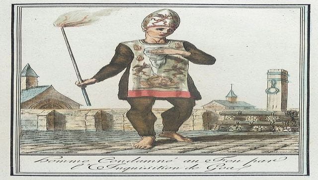 An 18th Century French sketch showing a man condemned to be burnt alive by the Goa Inquisition. The stake is behind him to his left, the punishment is sketched on his shirt. It was inspired by Charles Dellon's persecution. Currently displayed at the LACMA 