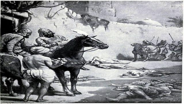 The image, in the chapter on India in Hutchison’s ‘Story of the Nations’ edited by James Meston, depicts Islamic invader Bakhtiyar Khilji's massacre of Buddhist monks in Bihar. Khilji destroyed the Nalanda and Vikramshila universities. 