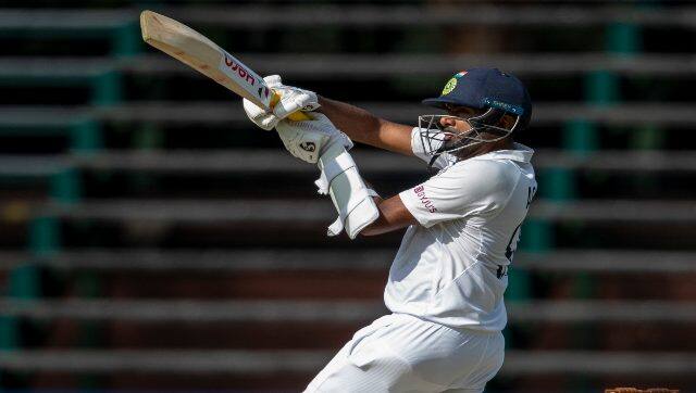 India’s bowler Ravichandran Ashwin watches his shot during the first day of the second Test match between South Africa and India at the Wanderers stadium in Johannesburg, South Africa, on Monday. AP 