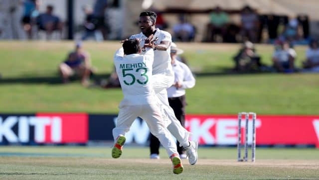Bangladesh&rsquo;s Ebadot Hossain celebrates bowling New Zealand&rsquo;s Henry Nicholls with teammate Mehidy Hasan Miraz on day four of the first cricket test between Bangladesh and New Zealand at Bay Oval in Mount Maunganui, New Zealand, on Tuesday. AFP
