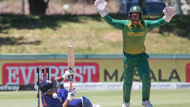 South African wicketkeeper Quinton De Kock appeals for a wicket against Rishabh Pant during the second ODI in Paarl. AP 