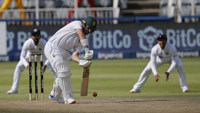 South Africa's Dean Elgar plays a shot during the third day of the second Test cricket match between South Africa and India at The Wanderers Stadium in Johannesburg on January 5, 2022. (Photo by PHILL MAGAKOE / AFP)