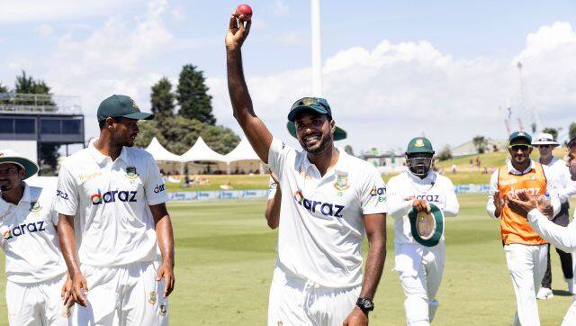 Bangladesh’s Ebadot Hossain walks from the field at the end of the Blackcaps second innings during play on day five of the first cricket test between Bangladesh and New Zealand at Bay Oval in Mount Maunganui, New Zealand, Wednesday, Jan. 5, 2022. (Marty Melville/Photosport via AP)