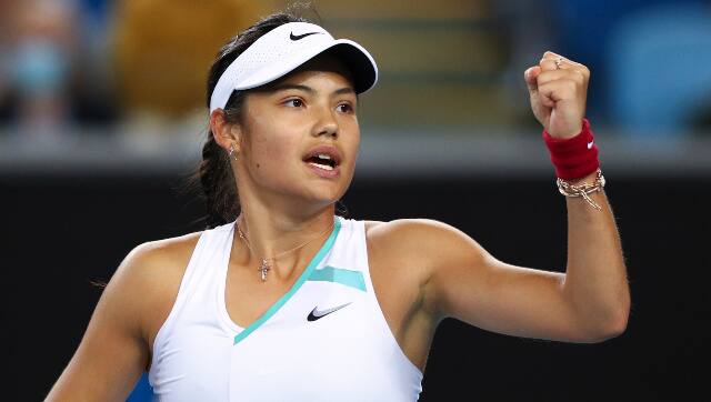 Britain's Emma Raducanu reacts after winning a point in her Australian Open first-round meeting with US' Sloane Stephens. AP