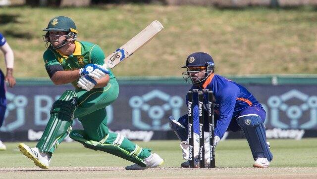South African batsman Janneman Malan plays a shot while Indian wicketkeeper Rishabh Pant looks on during the second ODI match between South Africa and India in Paarl, South Africa, on Friday. AP