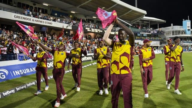 Jason Holder and West Indies teammates celebrate after winning T20I series against England. AFP