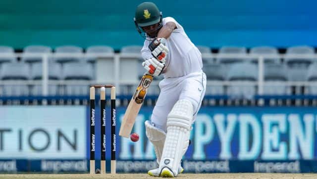 South Africa's batsman Keegan Petersen bats during the second day of the 2nd Test Cricket match between South Africa and India at the Wanderers stadium in Johannesburg, South Africa, Tuesday, Jan. 4, 2022. (AP Photo/Themba Hadebe)