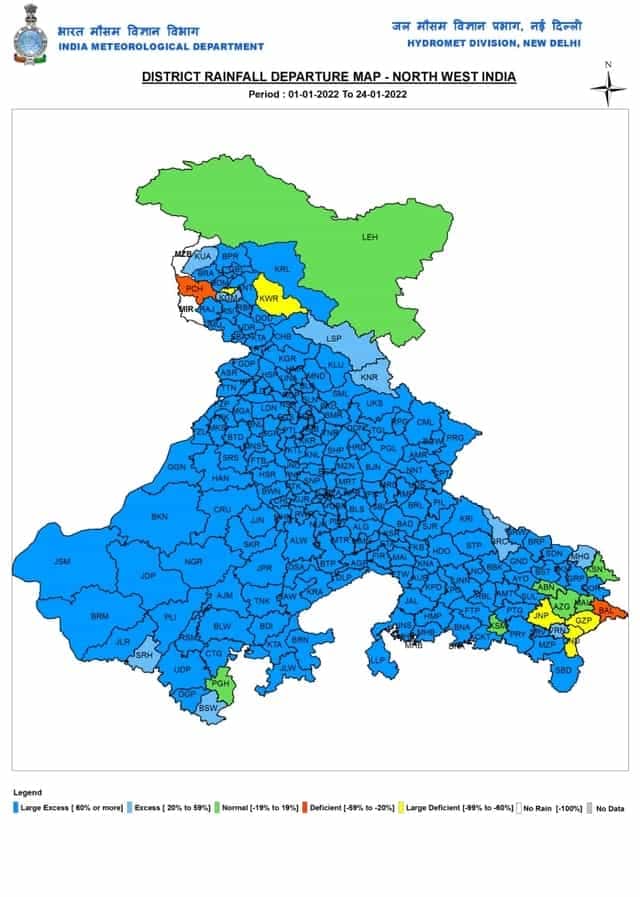 Districtwise rainfall over north west India till 24 January, 2022. Most districts had large excess rainfall