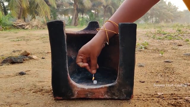 Lighting the cooking fire using camphor. Banana Cooking Channel