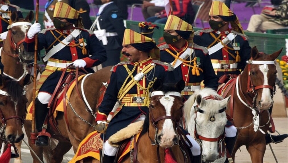 According to <em>PTI</em>, horse-mounted soldiers of the Indian Army's 61 Cavalry Regiment, the only active horsed cavalry unit in the world currently, was the first marching contingent at the parade. This regiment's contingent was led by Major Mrityunjay Singh Chouhan. Image Courtesy: ANI