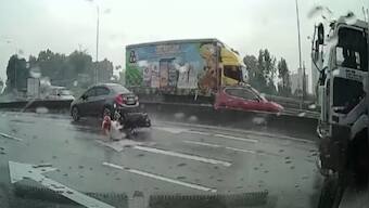 Watch: Motorcyclist crashes right in front of oncoming truck; see what happens next