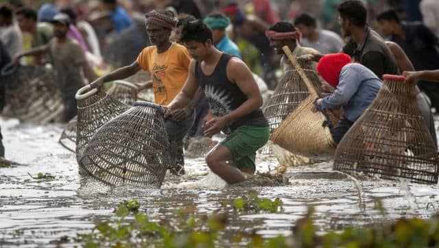 Villagers participate in community fishing as part of Bhogali Bihu celebrations in Panbari village, east of Guwahati in Assam. AP