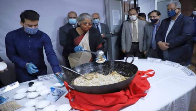 Finance Minister Nirmala Sitharaman at the halwa ceremony, which is held before the printing of the Budget. Image Courtesy: Press Information Bureau