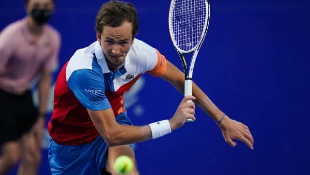 Daniil Medvedev of Russia returns a ball during a match against to Benoit Paire of France at the Mexican Open tennis tournament in Acapulco, Mexico, Tuesday, Feb. 22, 2022. (AP Photo/Eduardo Verdugo)
