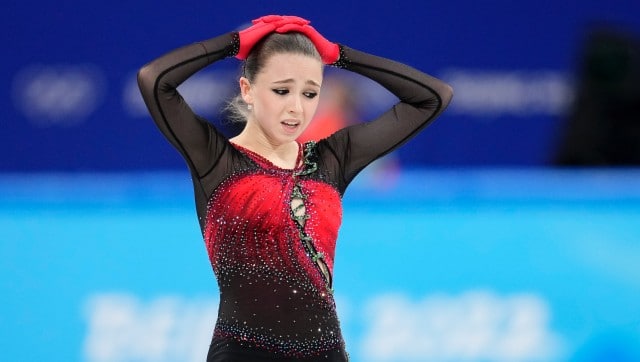  Kamila Valieva, of the Russian Olympic Committee, reacts after the women’s team free skate program during the figure skating competition at the 2022 Winter Olympics, Monday, Feb. 7, 2022, in Beijing. (AP Photo/Natacha Pisarenko)