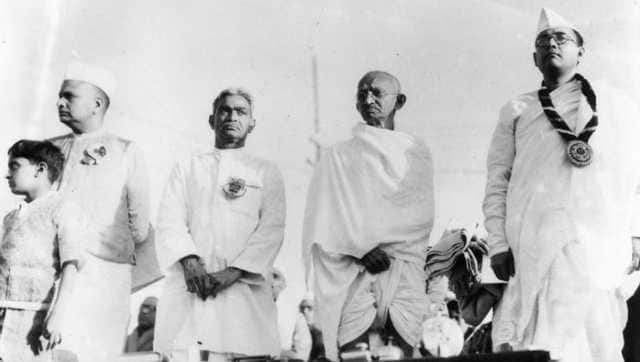 Members of the Indian National Congress on the dais at Haripura. From left to right, Seth Jamnalal Bajaj, Darbar Gopoldas Dasai, Mahatma Gandhi and Subhas Chandra Bose. Getty Images