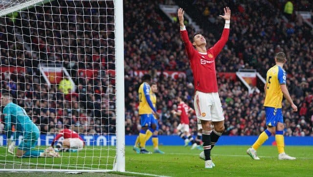 Manchester United's Cristiano Ronaldo reacts after missing a chance during the English Premier League soccer match between Manchester United and Southampton at Old Trafford stadium in Manchester, England, Saturday, Feb. 12, 2022. (AP Photo/Jon Super)