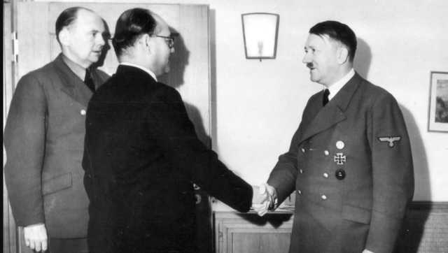 Indian nationalist leader Subhash Chandra Bose and Adolf Hitler in Berlin, Germany. Getty Images